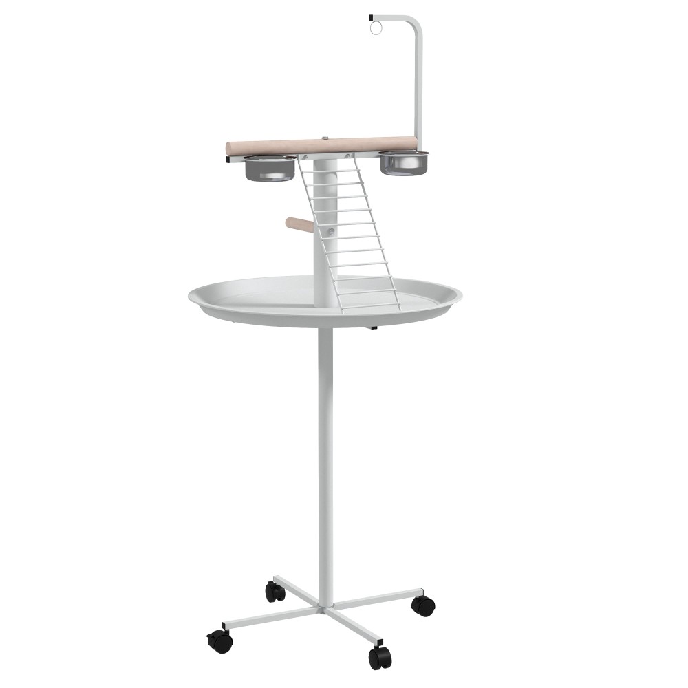 Κάθισμα εξωτερικού χώρου προσέγγισης για παπαγάλους πέρκα, 1 σκάλα, 1 κούνια, μπολ ταΐσματος, 60 x 60 x 138 cm, λευκό + φυσικό