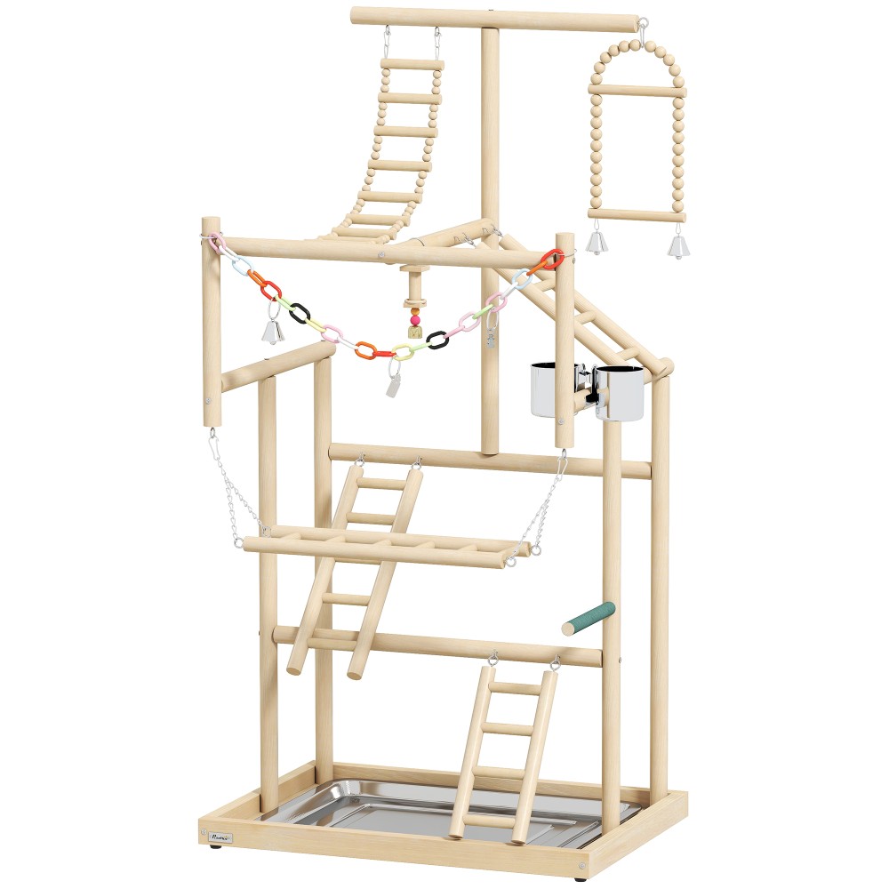 Bird Stand Bird Perch Σετ 4 επιπέδων Δίσκος από ανοξείδωτο ατσάλι Παιχνίδι από φυσικό ξύλο