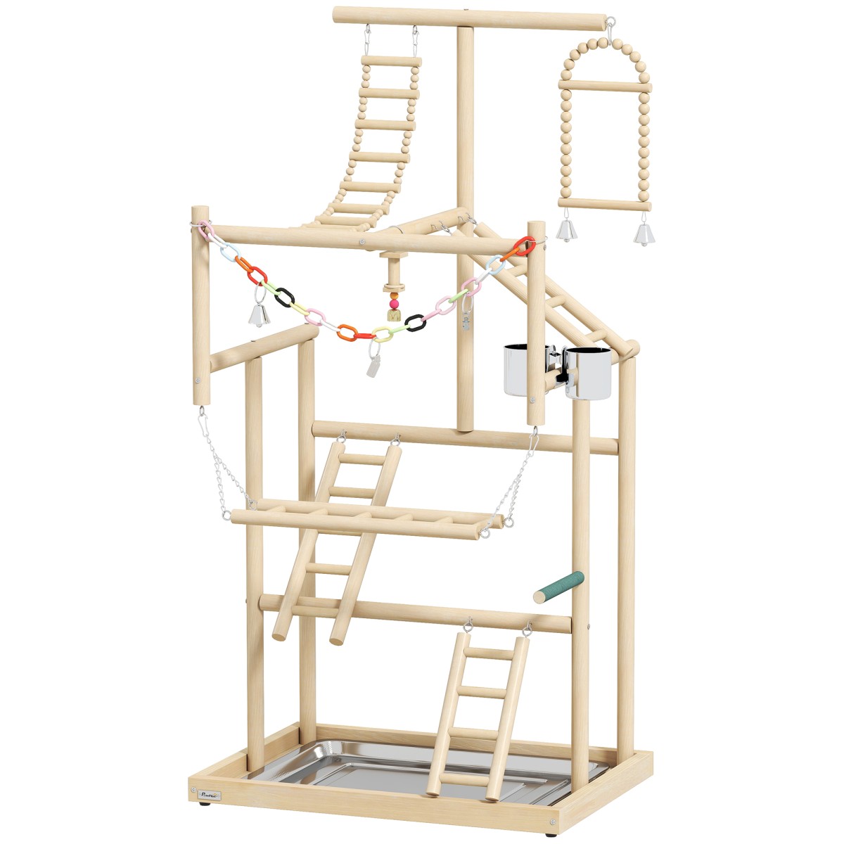 Bird Stand Bird Perch Σετ 4 επιπέδων Δίσκος από ανοξείδωτο ατσάλι Παιχνίδι από φυσικό ξύλο