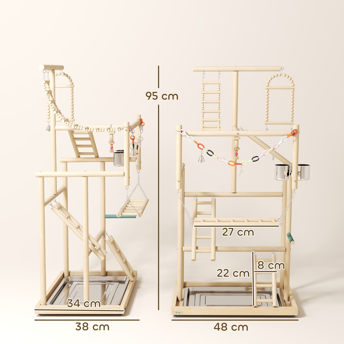 Bird Stand Bird Perch Σετ 4 επιπέδων Δίσκος από ανοξείδωτο ατσάλι Παιχνίδι από φυσικό ξύλο
