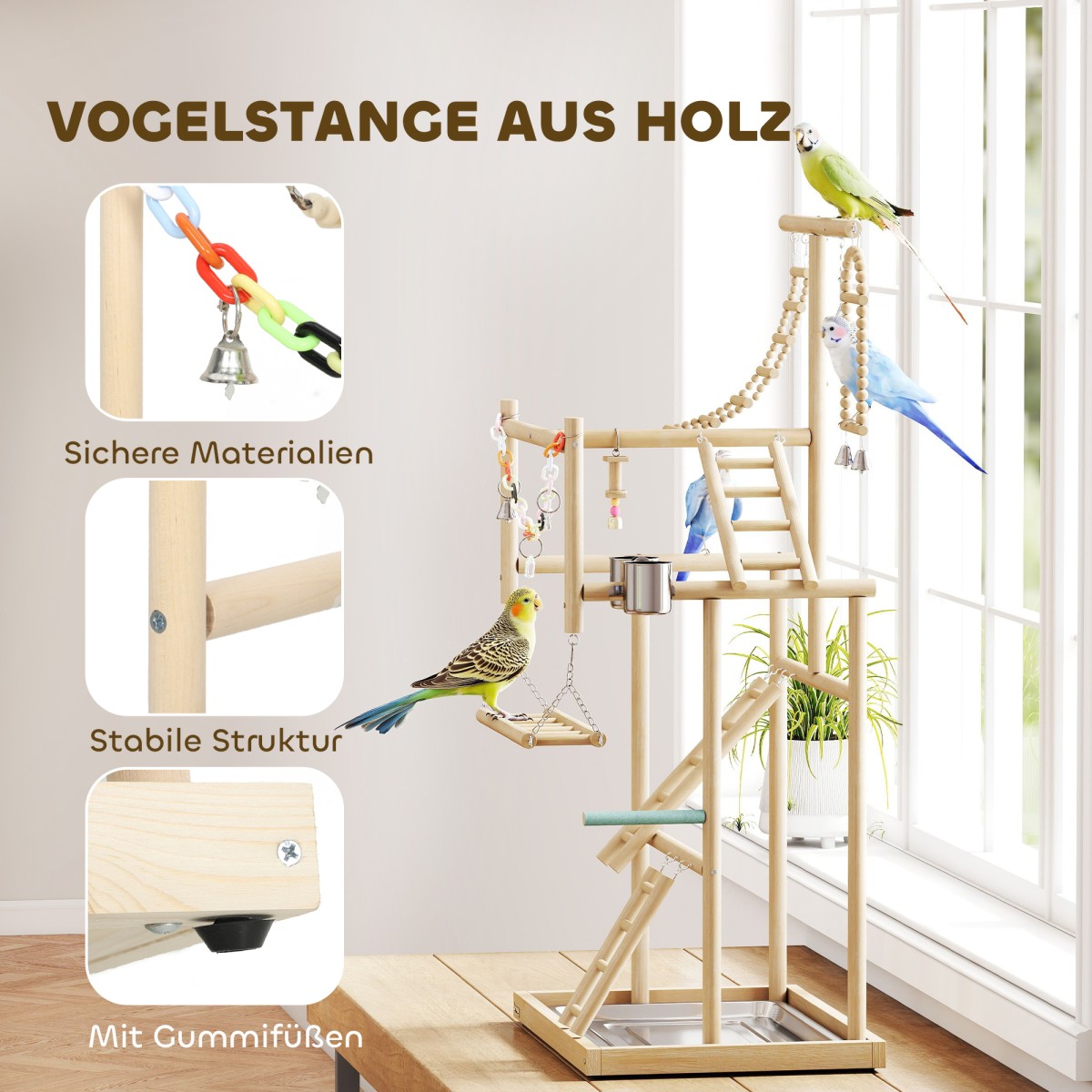 Bird Stand Bird Perch Σετ 4 επιπέδων Δίσκος από ανοξείδωτο ατσάλι Παιχνίδι από φυσικό ξύλο