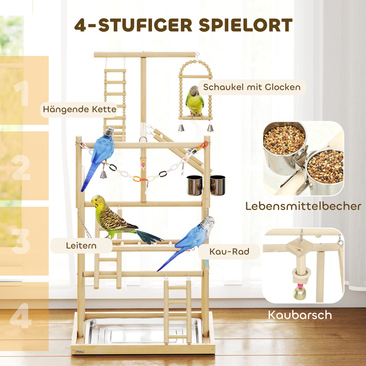 Bird Stand Bird Perch Σετ 4 επιπέδων Δίσκος από ανοξείδωτο ατσάλι Παιχνίδι από φυσικό ξύλο
