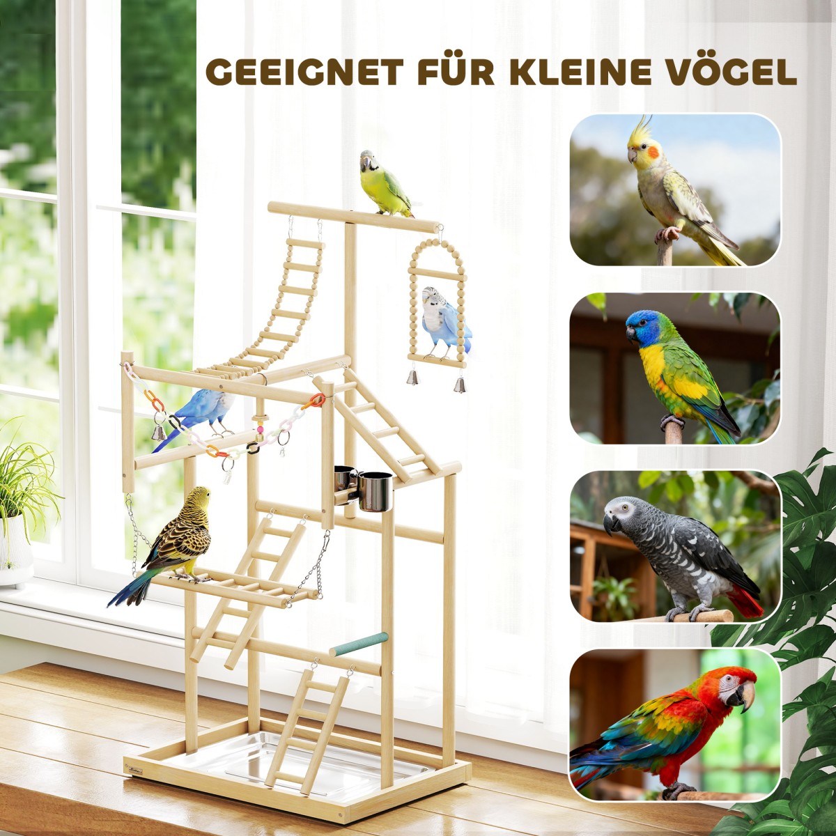 Bird Stand Bird Perch Σετ 4 επιπέδων Δίσκος από ανοξείδωτο ατσάλι Παιχνίδι από φυσικό ξύλο