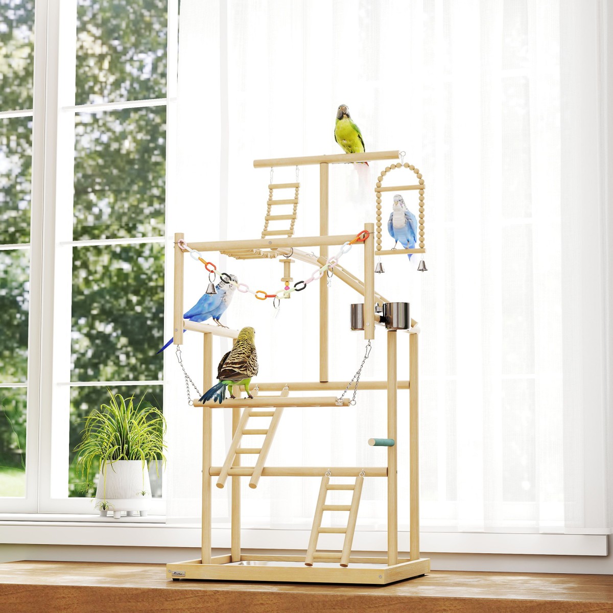Bird Stand Bird Perch Σετ 4 επιπέδων Δίσκος από ανοξείδωτο ατσάλι Παιχνίδι από φυσικό ξύλο
