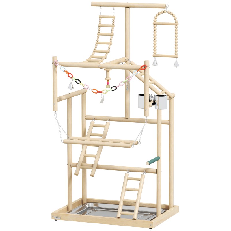 Bird Stand Bird Perch Σετ 4 επιπέδων Δίσκος από ανοξείδωτο ατσάλι Παιχνίδι από φυσικό ξύλο