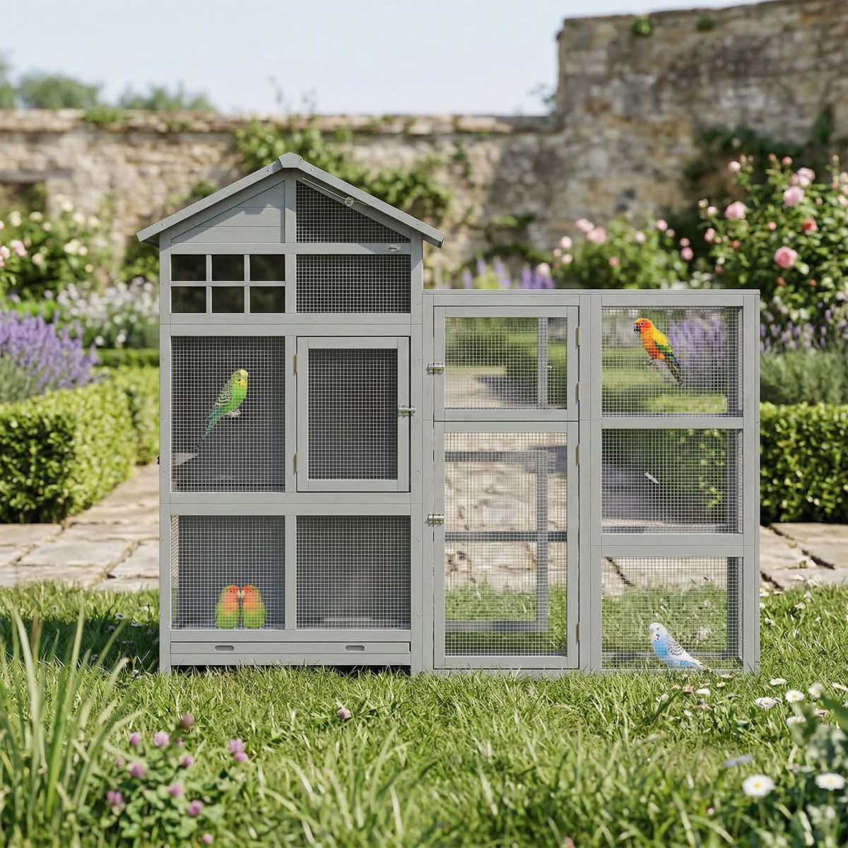 Aviary Bird aviary από ξύλο με 6 πέρκες Αποθηκευτικός χώρος πτυσσόμενο συρτάρι μπολ από ανοξείδωτο ατσάλι 196x60x164,5cm γκρι