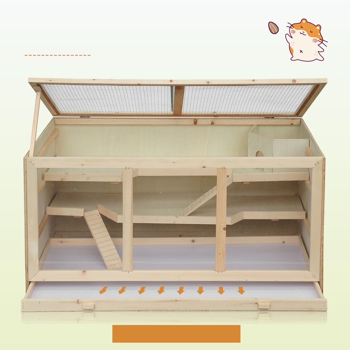 Ξύλινο κλουβί για χάμστερ Κλουβί τρωκτικών 3 επιπέδων με καθαρό ράφι Μικρό κλουβί ζώων με πτυσσόμενο καπάκι Σκάλες Ξύλινο κλουβί για χάμστερ Νάνος χάμστερ 115 x 57 x 55 cm Φυσικό ξύλο