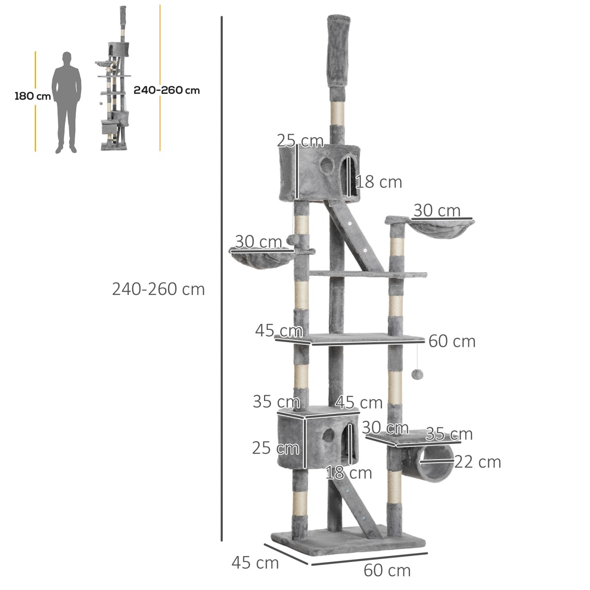 Στύλος γρατσουνίσματος γάτας 240-260 cm Ψηλός στύλος οροφής Ξυστός Μεγάλος στύλος αναρρίχησης Ξύσιμος στύλος γάτας για μεγάλες γάτες με σχοινί σιζάλ ανοιχτό γκρι