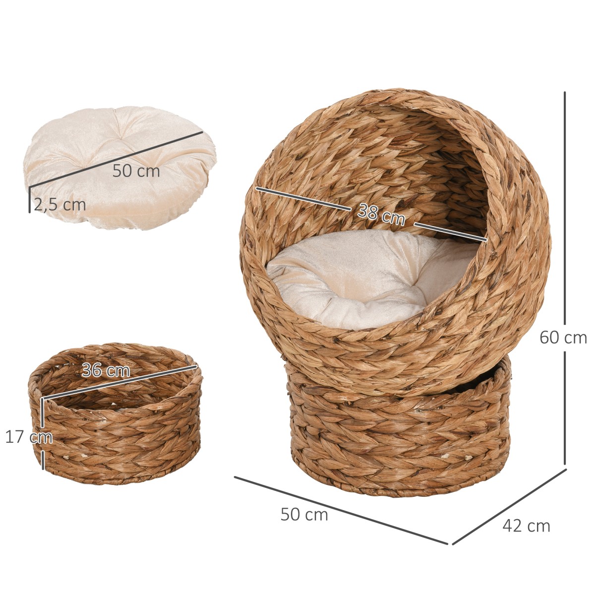 Rattan Cat Basket Cat Cave Cat Hut Κρεβάτι γάτας με μαξιλάρι Κρεβάτι για κατοικίδια Νερό Υάκινθος Καφέ 50 x 42 x 60 cm