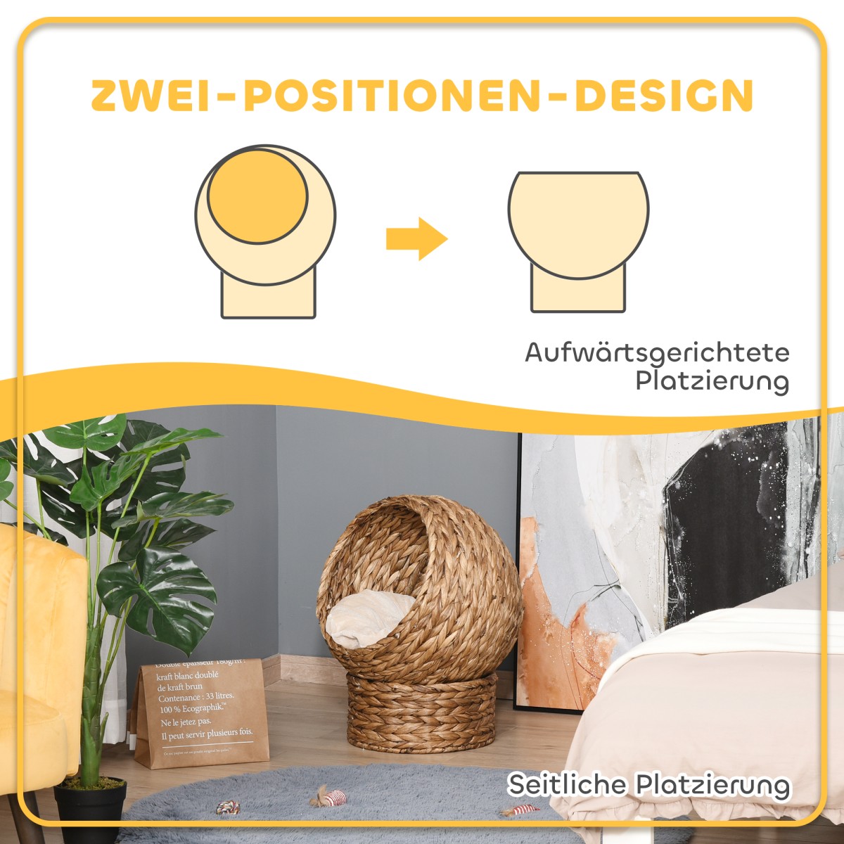 Rattan Cat Basket Cat Cave Cat Hut Κρεβάτι γάτας με μαξιλάρι Κρεβάτι για κατοικίδια Νερό Υάκινθος Καφέ 50 x 42 x 60 cm