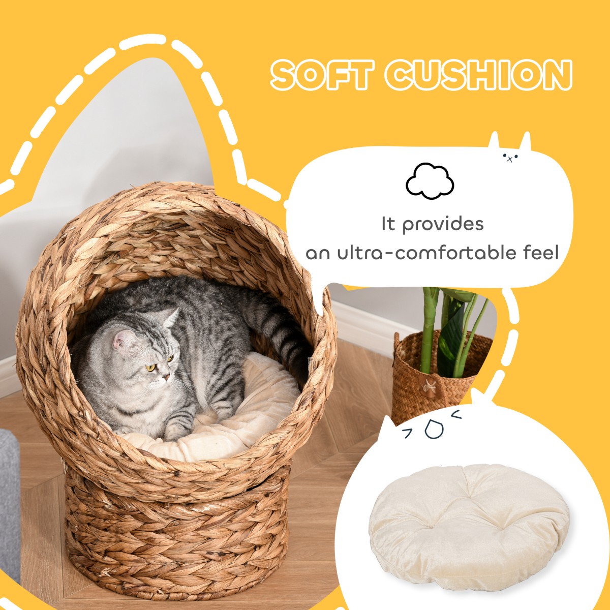 Rattan Cat Basket Cat Cave Cat Hut Κρεβάτι γάτας με μαξιλάρι Κρεβάτι για κατοικίδια Νερό Υάκινθος Καφέ 50 x 42 x 60 cm