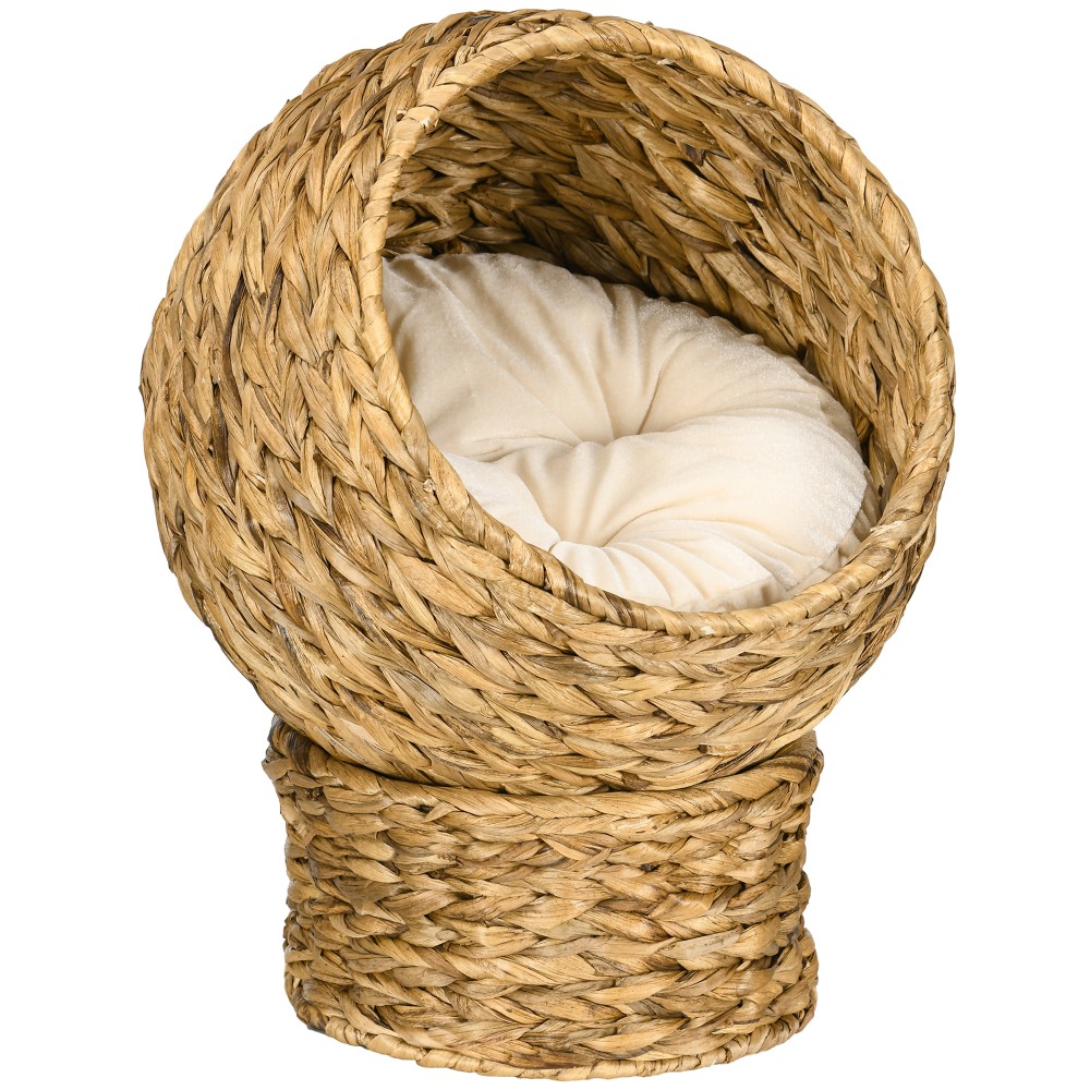 Rattan Cat Basket Cat Cave Cat Hut Κρεβάτι γάτας με μαξιλάρι Κρεβάτι για κατοικίδια Νερό Υάκινθος Καφέ 40 x 37 x 51 εκ.
