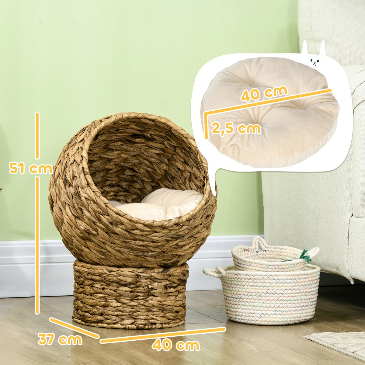 Rattan Cat Basket Cat Cave Cat Hut Κρεβάτι γάτας με μαξιλάρι Κρεβάτι για κατοικίδια Νερό Υάκινθος Καφέ 40 x 37 x 51 εκ.