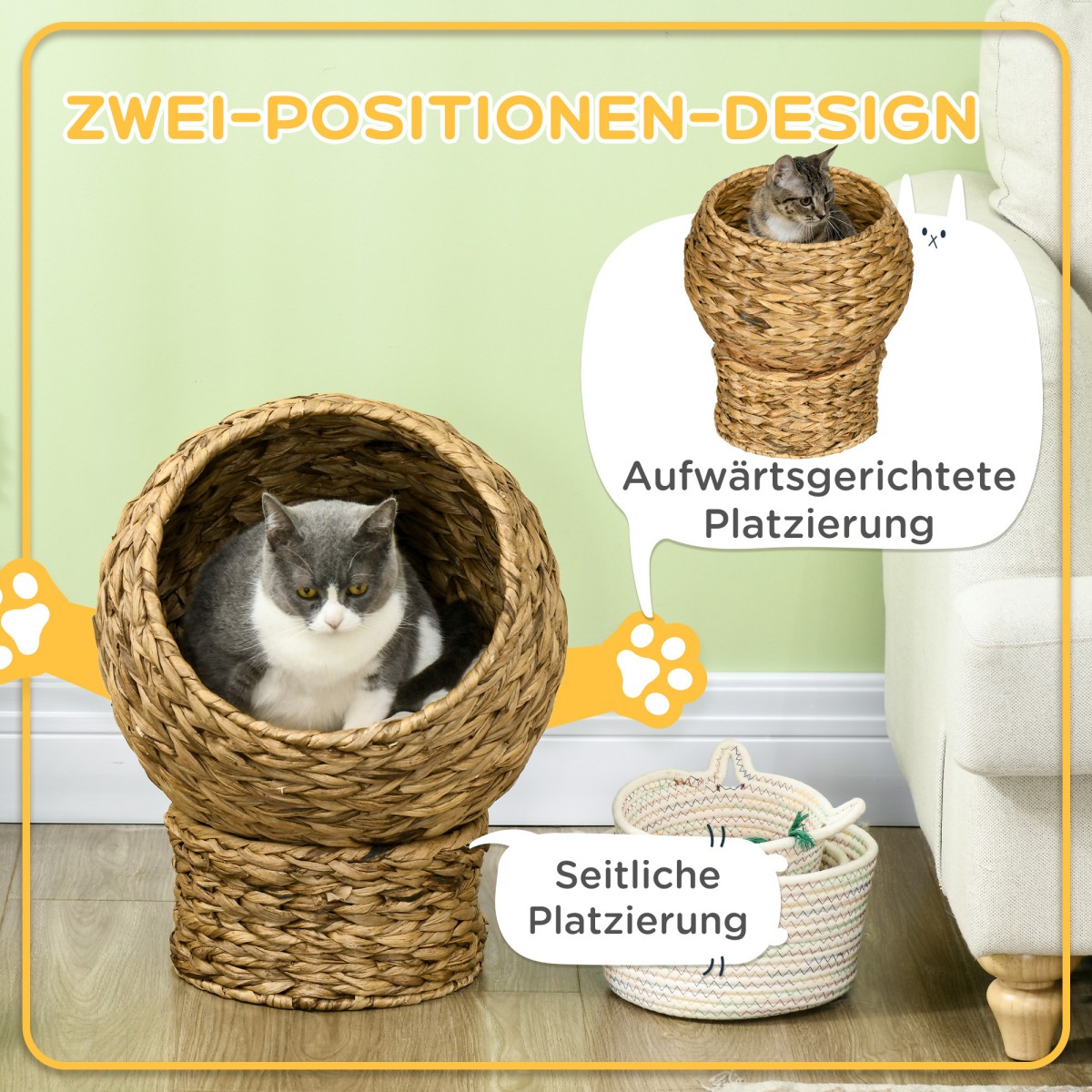 Rattan Cat Basket Cat Cave Cat Hut Κρεβάτι γάτας με μαξιλάρι Κρεβάτι για κατοικίδια Νερό Υάκινθος Καφέ 40 x 37 x 51 εκ.