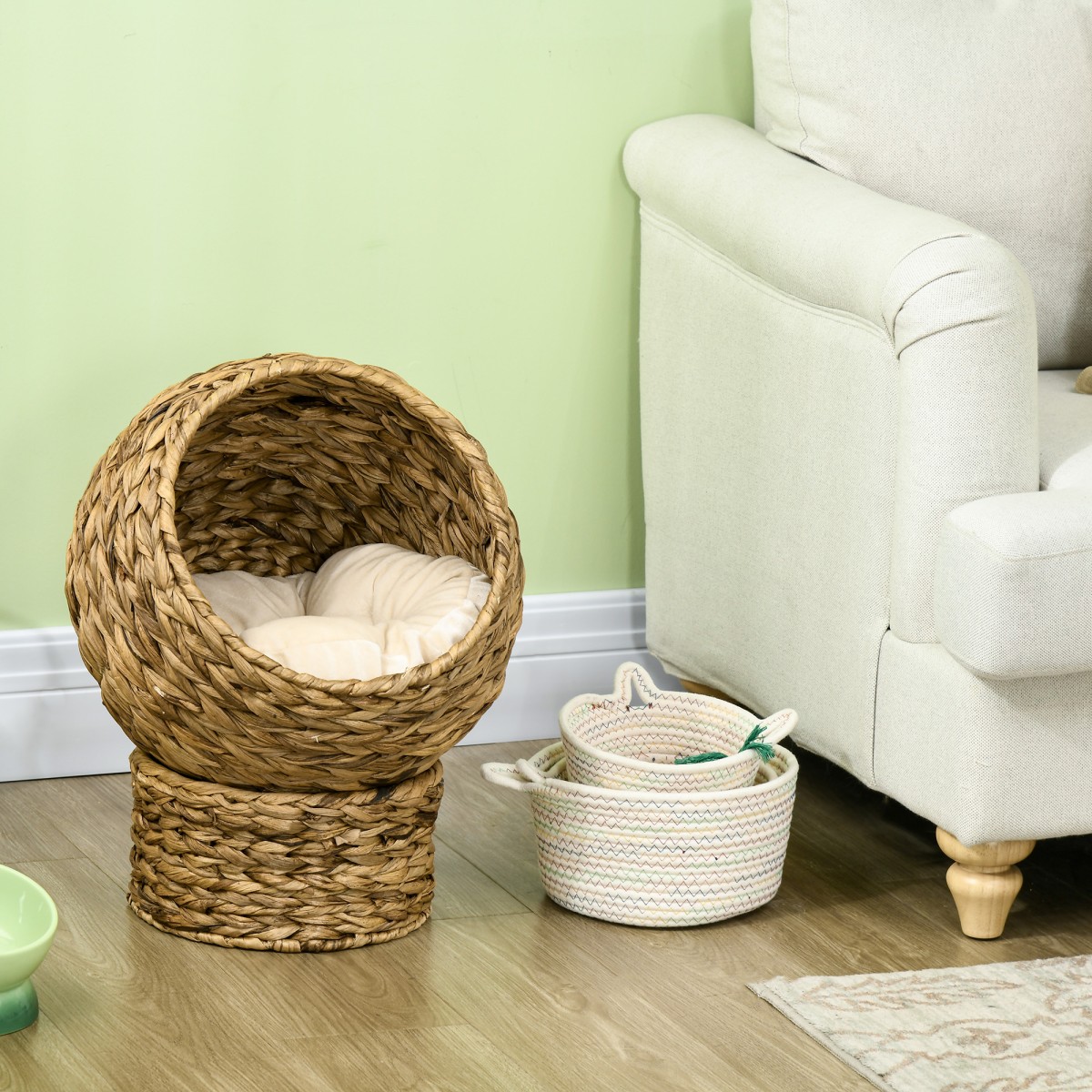 Rattan Cat Basket Cat Cave Cat Hut Κρεβάτι γάτας με μαξιλάρι Κρεβάτι για κατοικίδια Νερό Υάκινθος Καφέ 40 x 37 x 51 εκ.