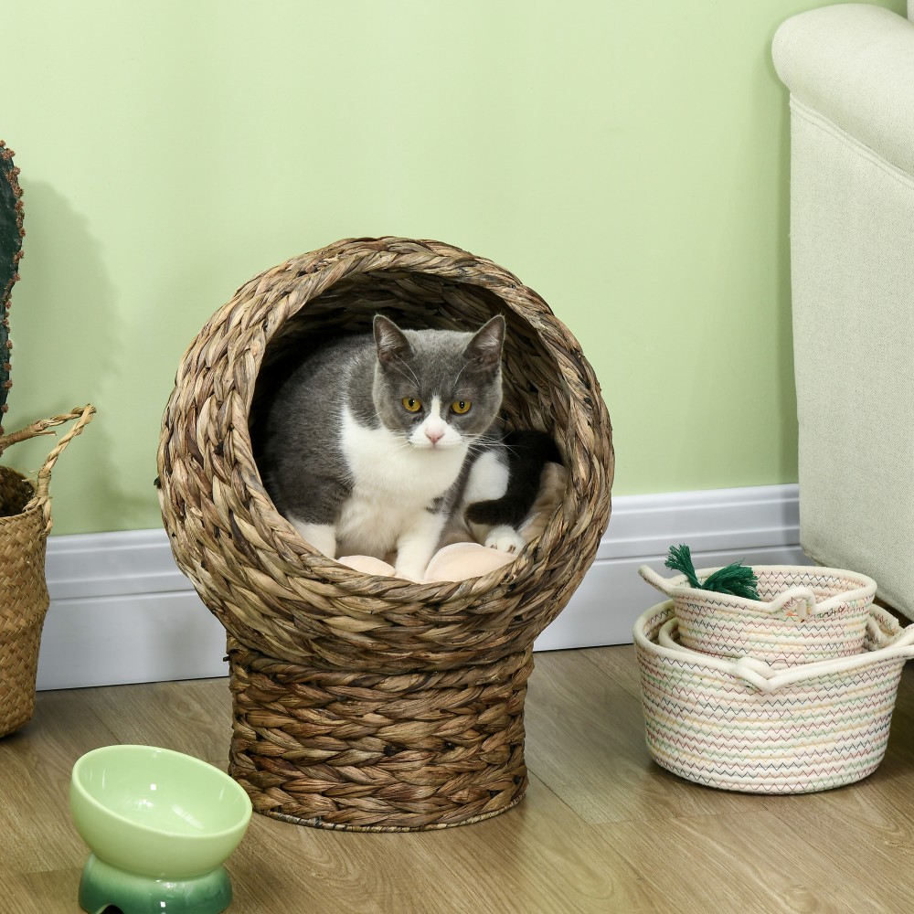 Rattan Cat Basket Cat Cave Cat Hut Κρεβάτι γάτας με μαξιλάρι για κατοικίδια, νερό υάκινθος καφές 40 x 37 x 51 εκ.