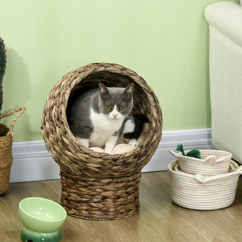 Rattan Cat Basket Cat Cave Cat Hut Κρεβάτι γάτας με μαξιλάρι για κατοικίδια, νερό υάκινθος καφές 40 x 37 x 51 εκ.