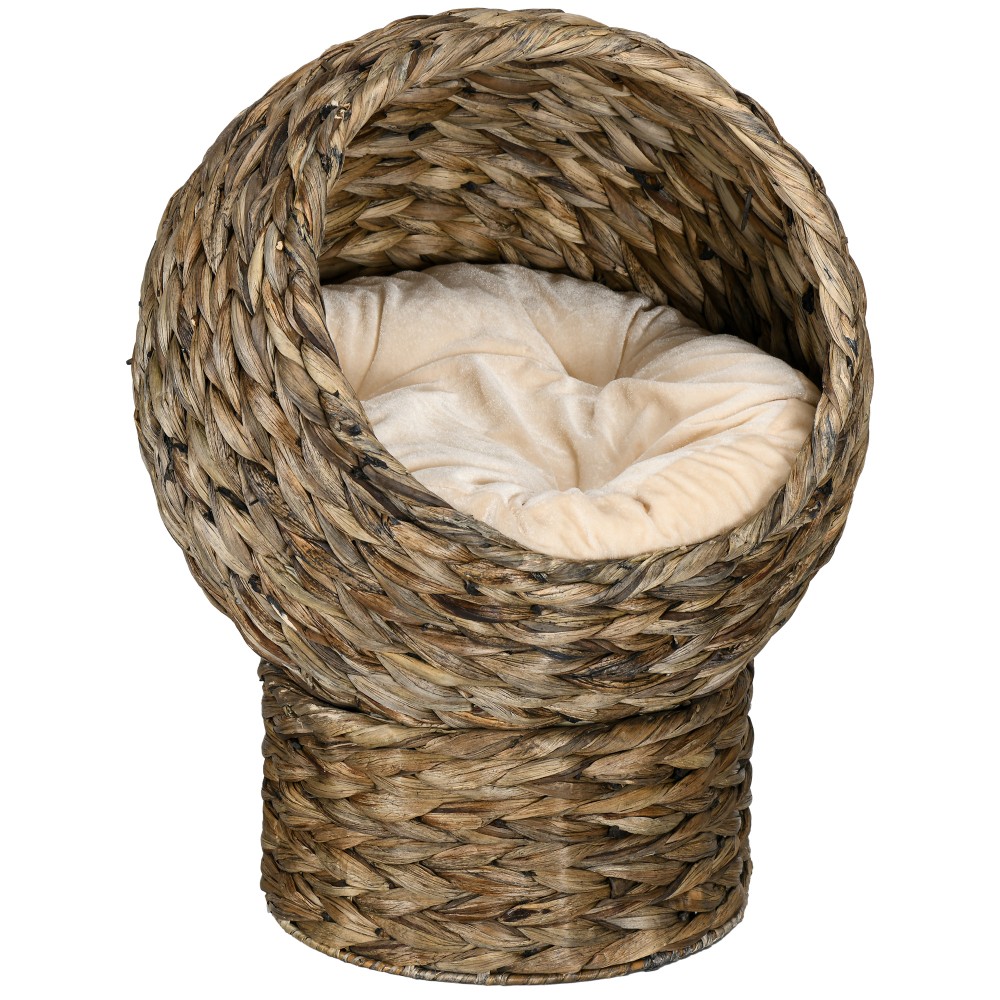 Rattan Cat Basket Cat Cave Cat Hut Κρεβάτι γάτας με μαξιλάρι για κατοικίδια, νερό υάκινθος καφές 40 x 37 x 51 εκ.