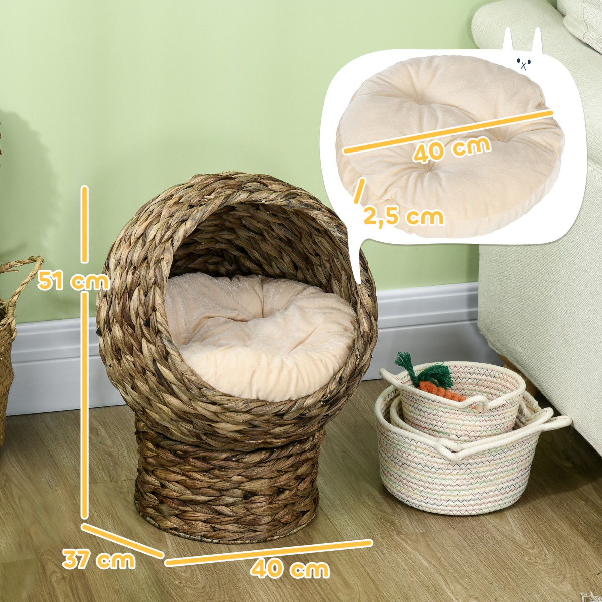 Rattan Cat Basket Cat Cave Cat Hut Κρεβάτι γάτας με μαξιλάρι για κατοικίδια, νερό υάκινθος καφές 40 x 37 x 51 εκ.
