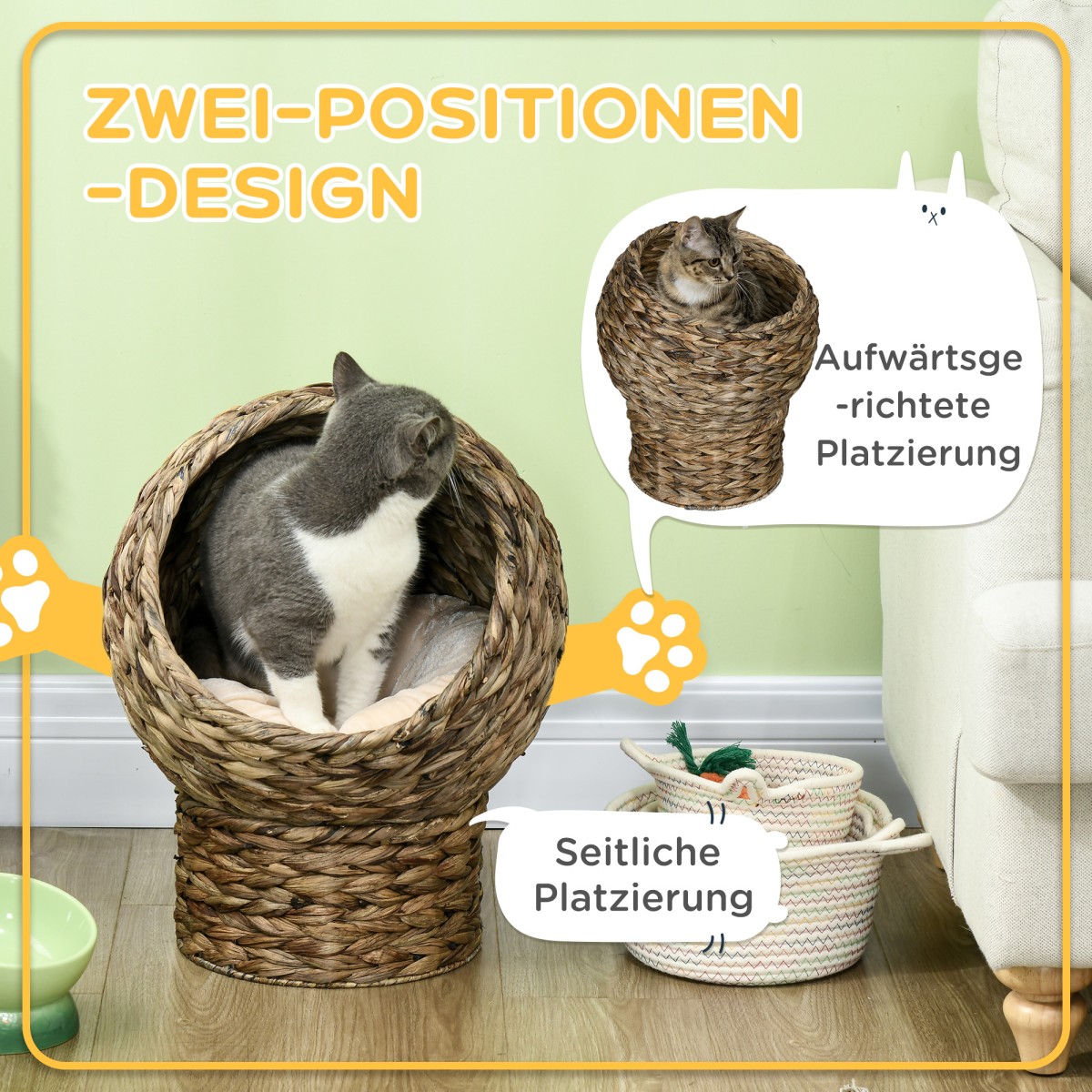 Rattan Cat Basket Cat Cave Cat Hut Κρεβάτι γάτας με μαξιλάρι για κατοικίδια, νερό υάκινθος καφές 40 x 37 x 51 εκ.
