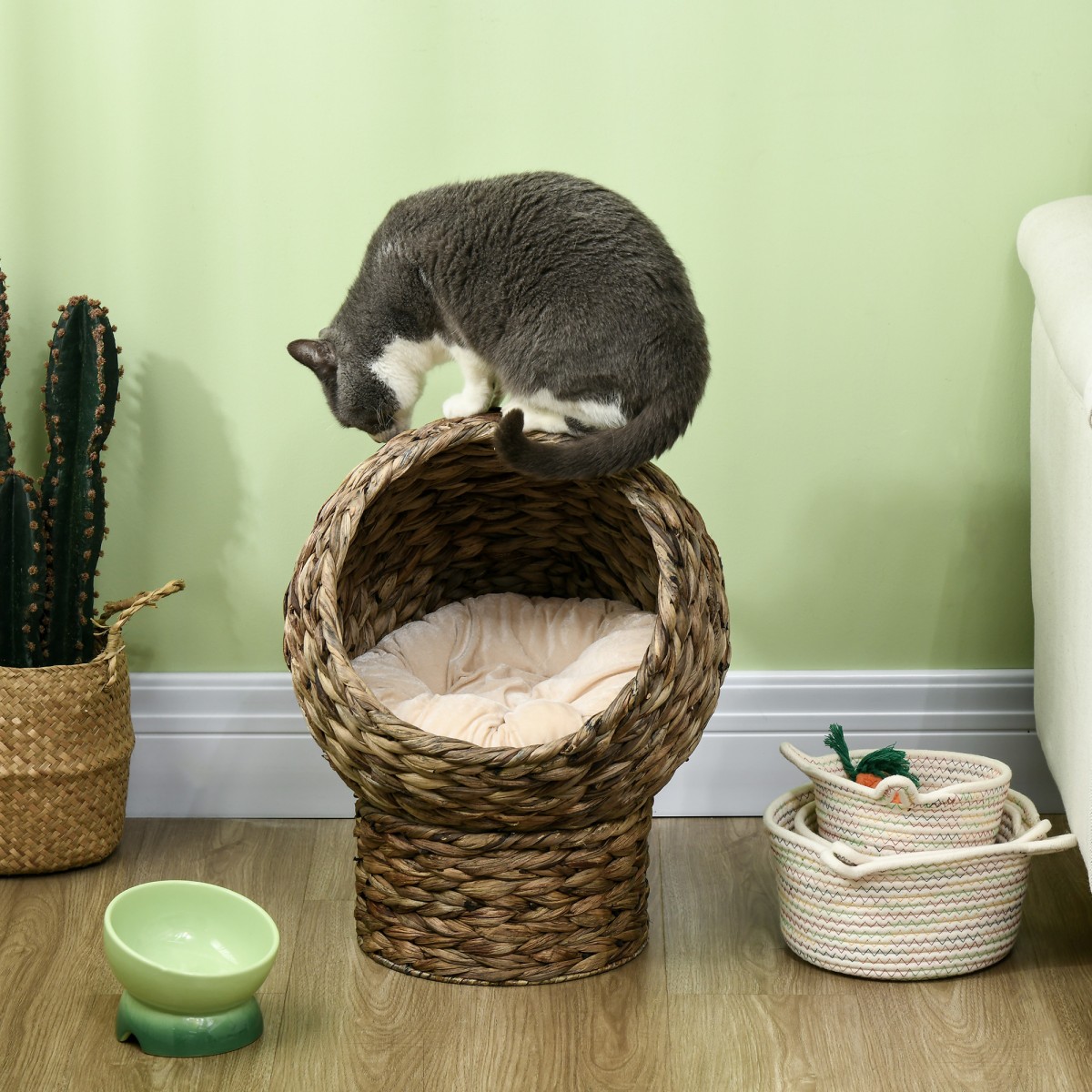 Rattan Cat Basket Cat Cave Cat Hut Κρεβάτι γάτας με μαξιλάρι για κατοικίδια, νερό υάκινθος καφές 40 x 37 x 51 εκ.