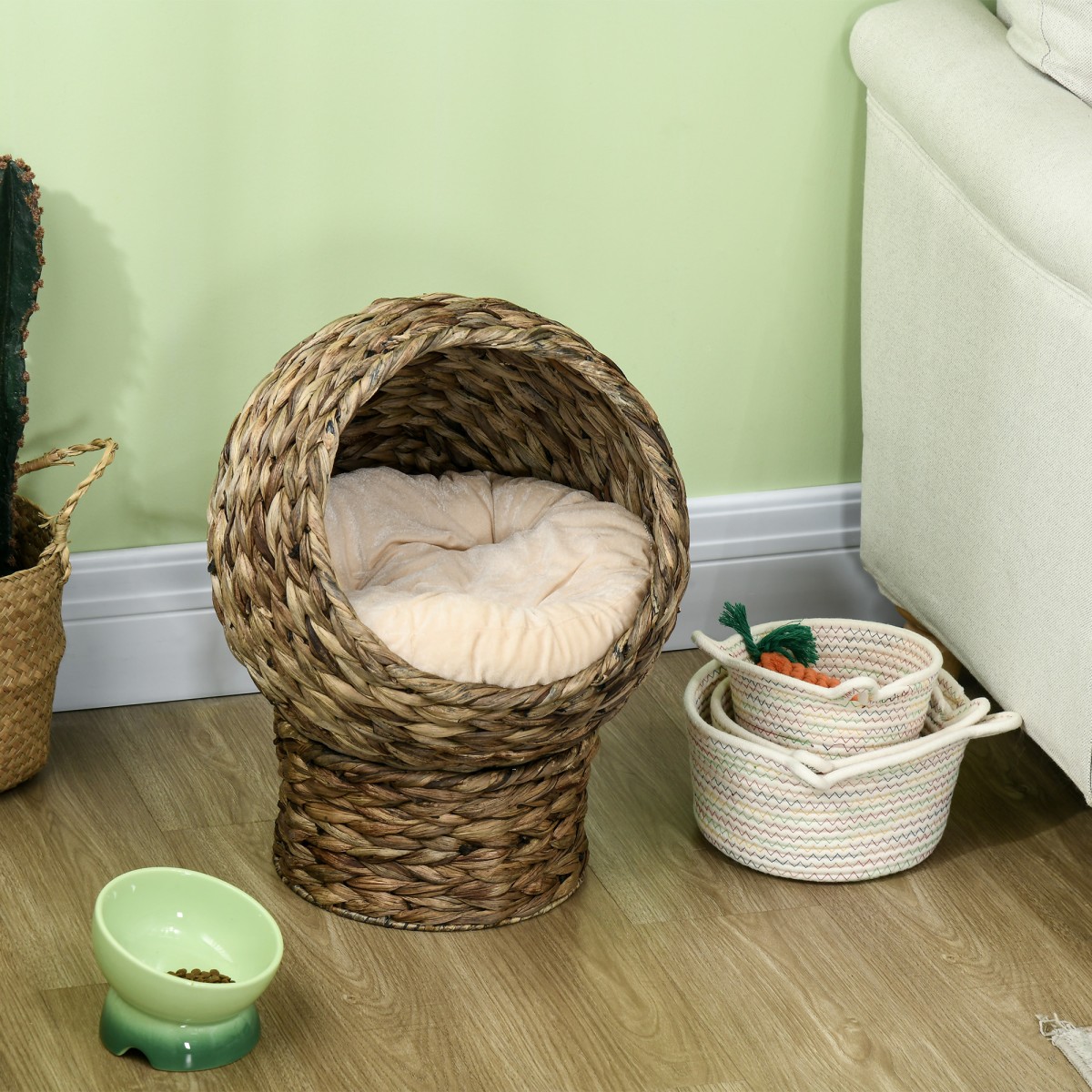 Rattan Cat Basket Cat Cave Cat Hut Κρεβάτι γάτας με μαξιλάρι για κατοικίδια, νερό υάκινθος καφές 40 x 37 x 51 εκ.
