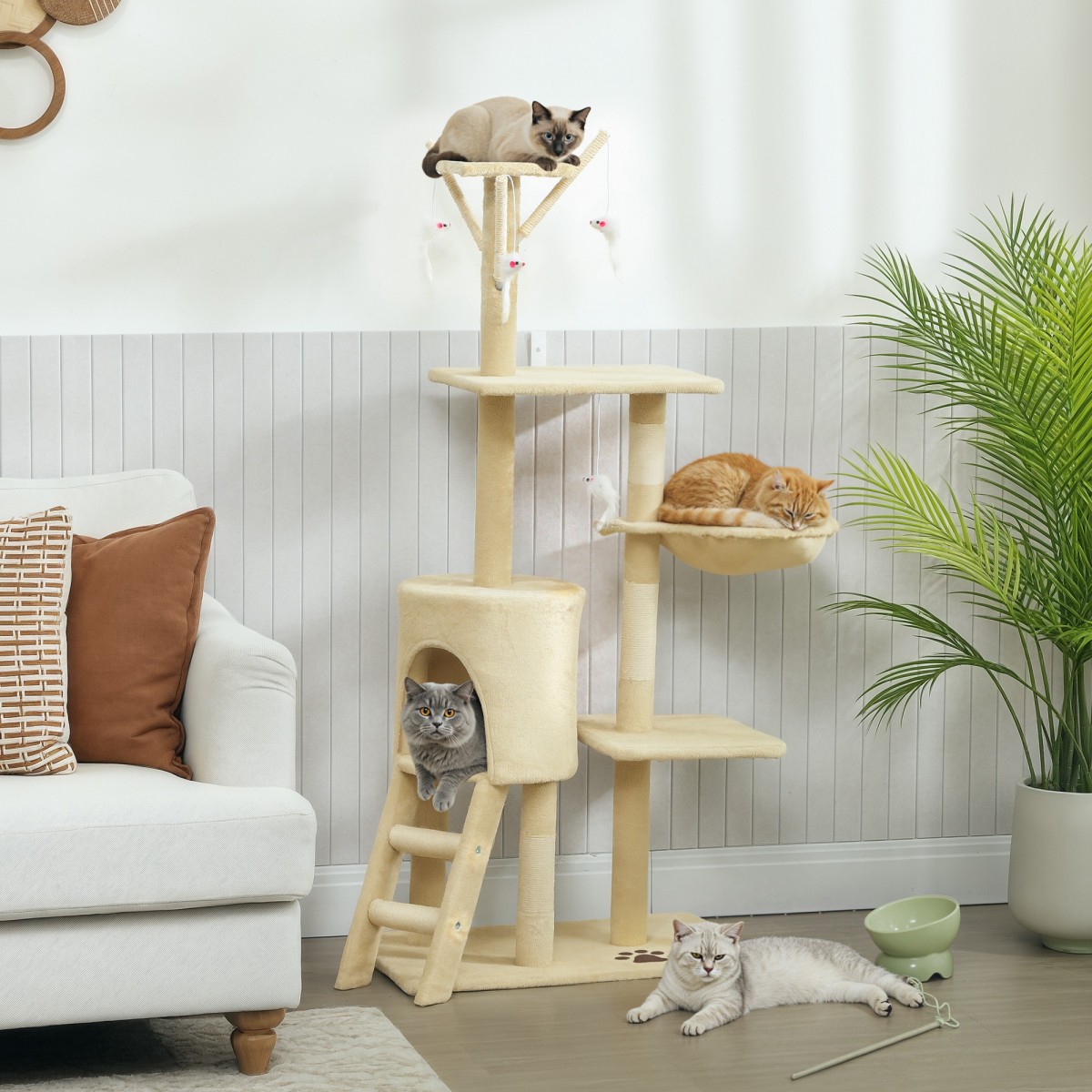 Στύλος γρατσουνίσματος γάτας με Cave 4 Toys Sisal Posts Μεγάλες σκάλες πλατφόρμας για γάτες κάτω των 5 κιλών Μπεζ