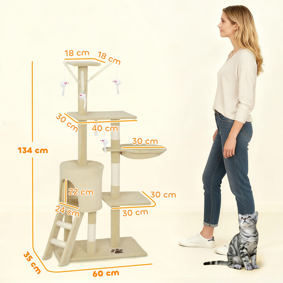 Στύλος γρατσουνίσματος γάτας με Cave 4 Toys Sisal Posts Μεγάλες σκάλες πλατφόρμας για γάτες κάτω των 5 κιλών Μπεζ