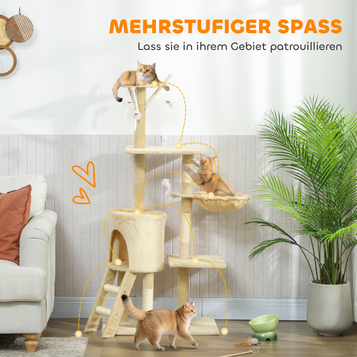 Στύλος γρατσουνίσματος γάτας με Cave 4 Toys Sisal Posts Μεγάλες σκάλες πλατφόρμας για γάτες κάτω των 5 κιλών Μπεζ