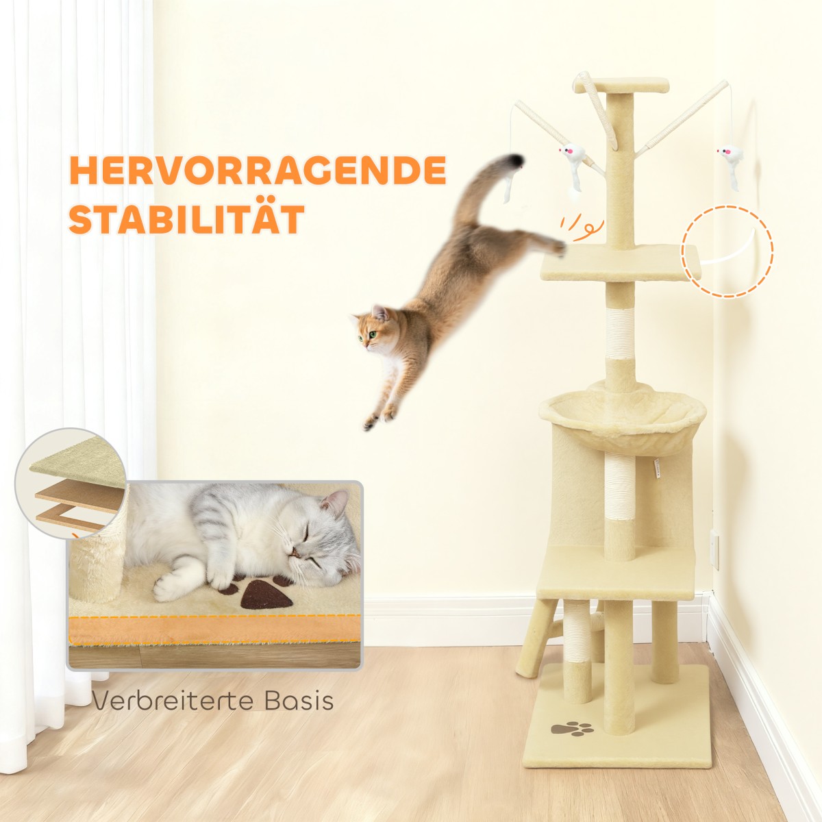 Στύλος γρατσουνίσματος γάτας με Cave 4 Toys Sisal Posts Μεγάλες σκάλες πλατφόρμας για γάτες κάτω των 5 κιλών Μπεζ