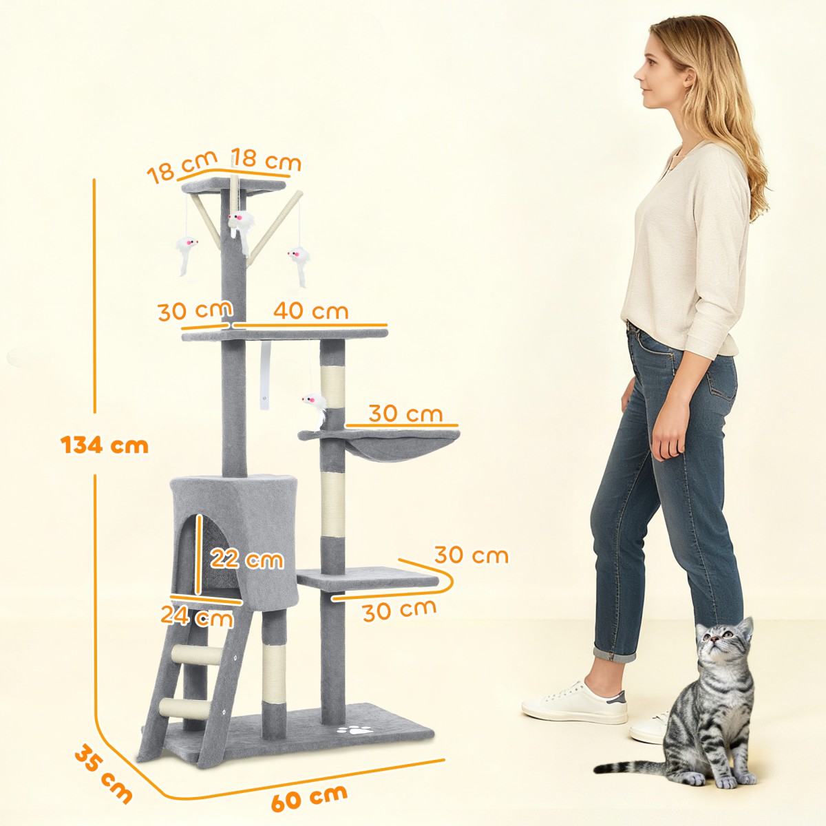 Στύλος γρατσουνίσματος γάτας με Cave 4 Toys Sisal Posts Μεγάλες σκάλες πλατφόρμας για γάτες κάτω των 5 κιλών Γκρι
