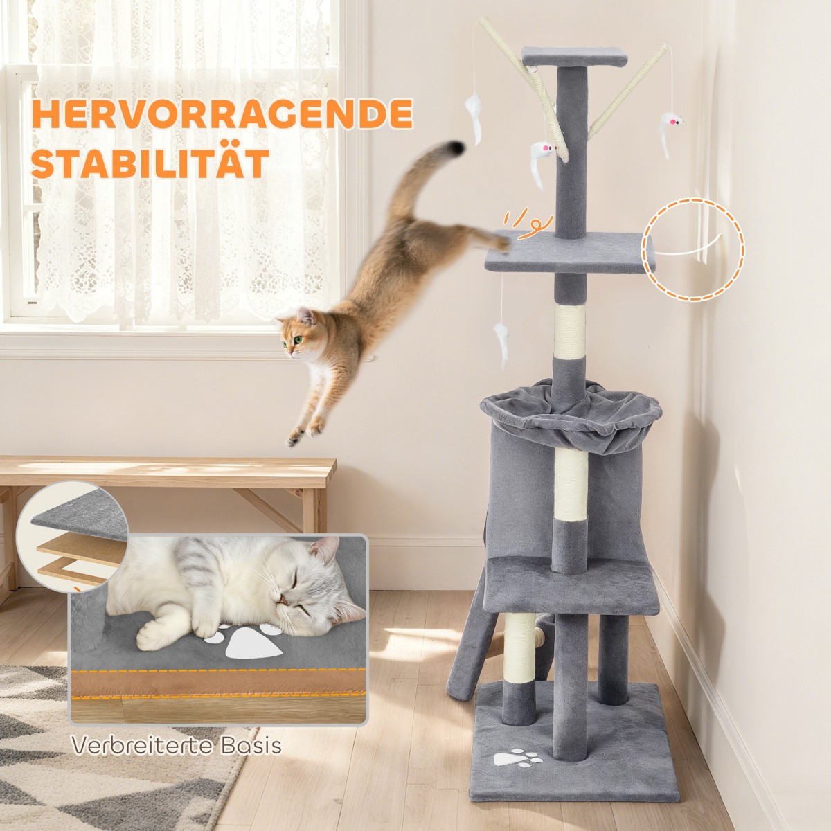 Στύλος γρατσουνίσματος γάτας με Cave 4 Toys Sisal Posts Μεγάλες σκάλες πλατφόρμας για γάτες κάτω των 5 κιλών Γκρι