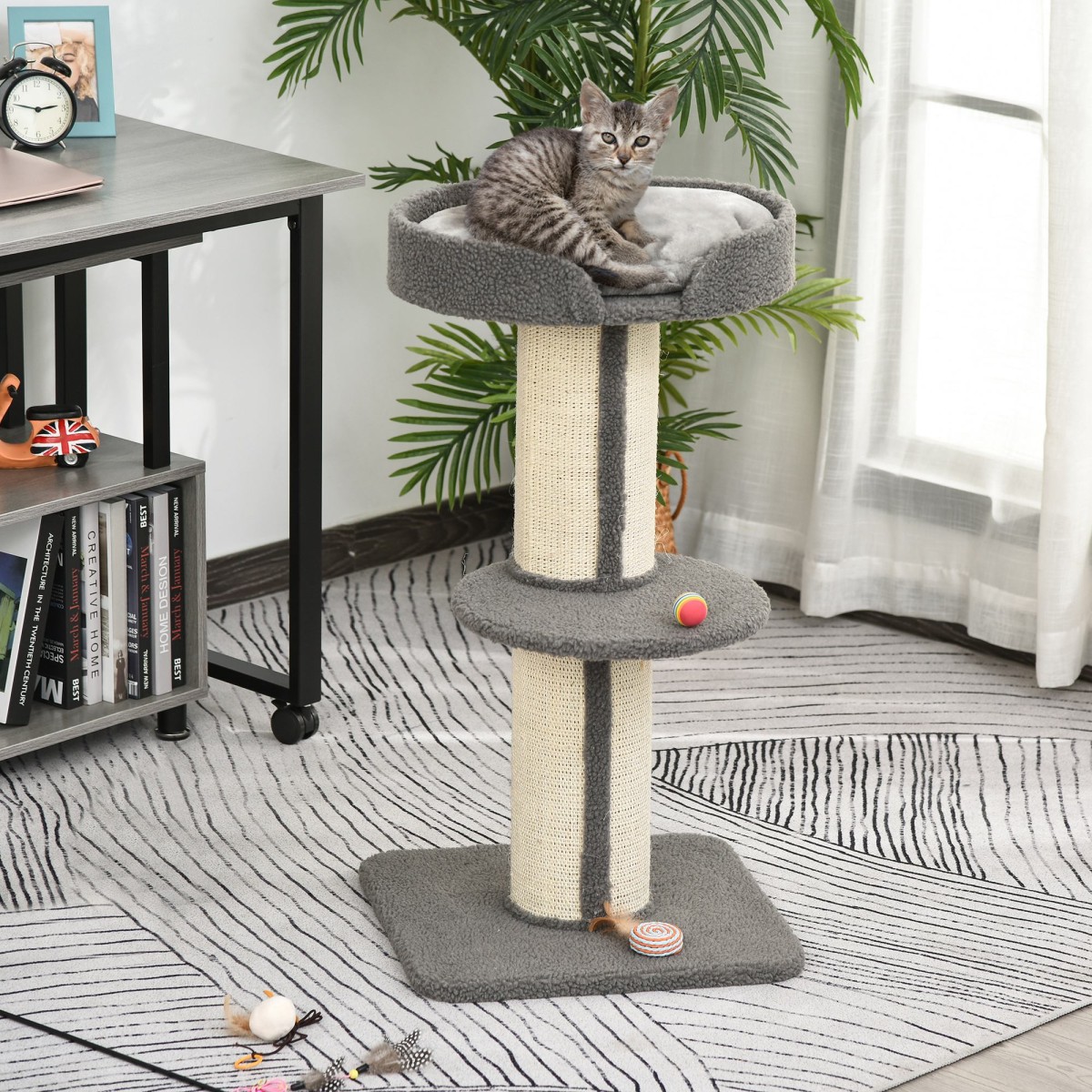 Scratching Post Cat Tower 91cm with Sisal Posts Platform Cushion Multi-lier Cat Scratching Post Climbing Tree for Medium Cats Grey