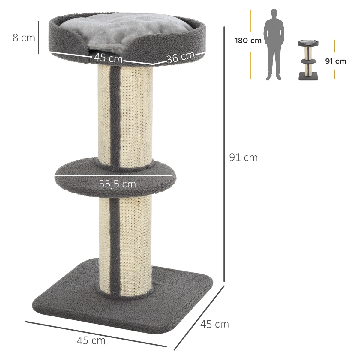 Scratching Post Cat Tower 91cm with Sisal Posts Platform Cushion Multi-lier Cat Scratching Post Climbing Tree for Medium Cats Grey