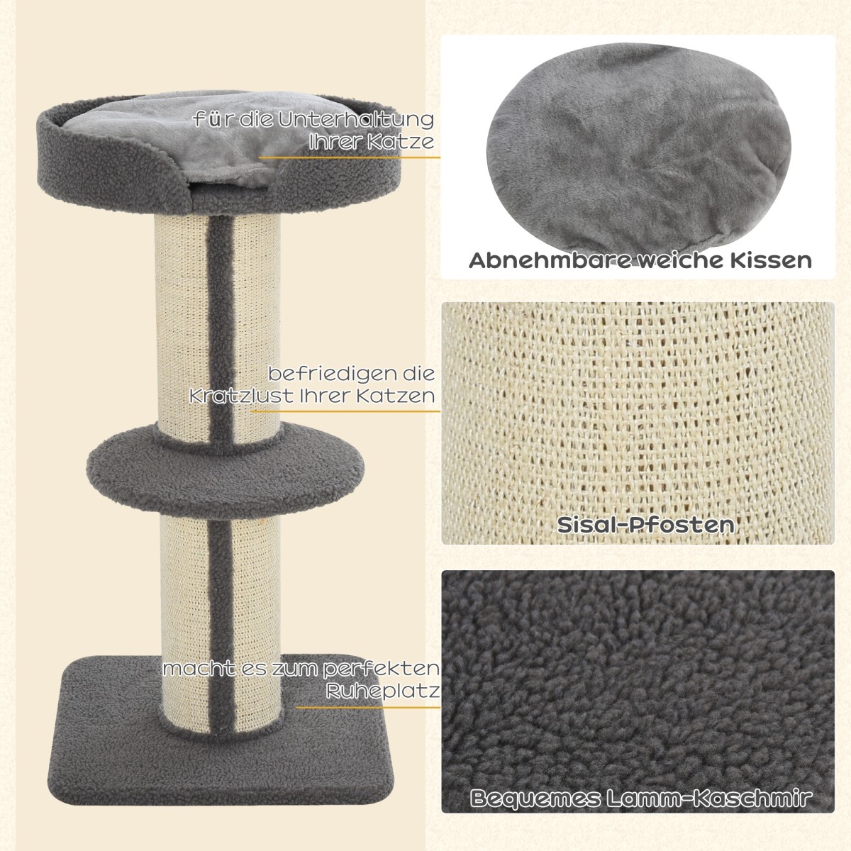 Scratching Post Cat Tower 91cm with Sisal Posts Platform Cushion Multi-lier Cat Scratching Post Climbing Tree for Medium Cats Grey