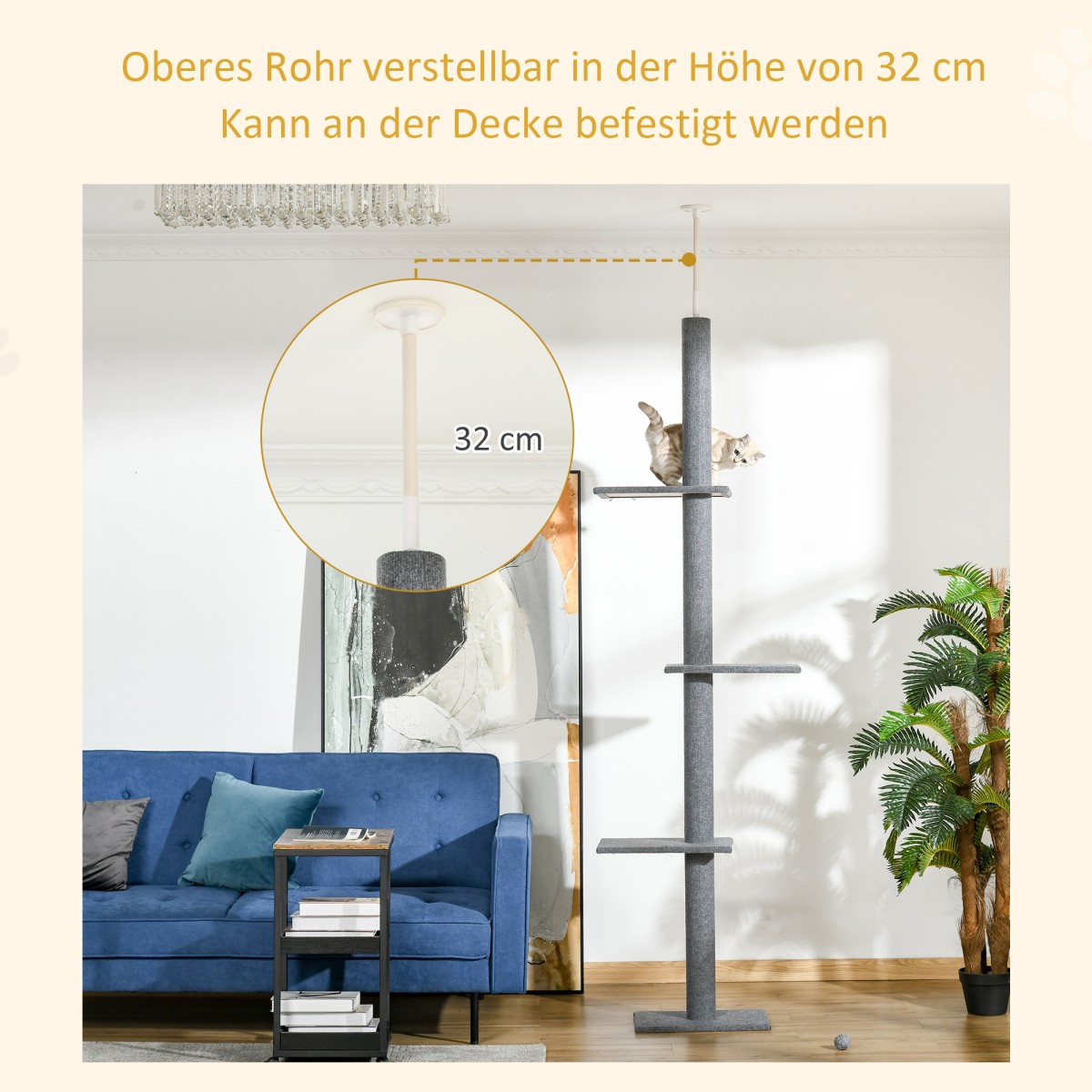 Ξύσιμο οροφής ψηλό ύψος 228-260 εκ. δέντρο γάτας με πλατφόρμες πολυώροφο δέντρο αναρρίχησης με ξύσιμο για μικρές και μεγάλες γάτες, γκρι