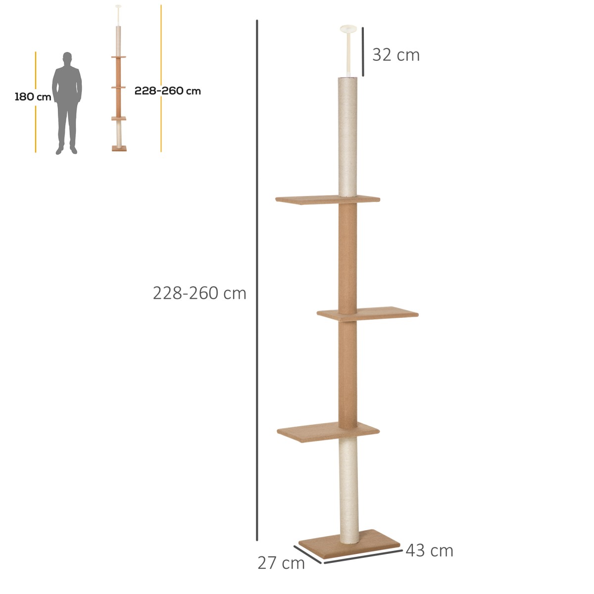 Υψηλή οροφή για ξύσιμο, 228-260 cm ρυθμιζόμενο ύψος γάτας δέντρο αναρρίχησης για γάτες με 3 επίπεδα, στύλος ξύσιμο γάτας, παιχνίδι δέντρου από το δάπεδο μέχρι την οροφή χακί