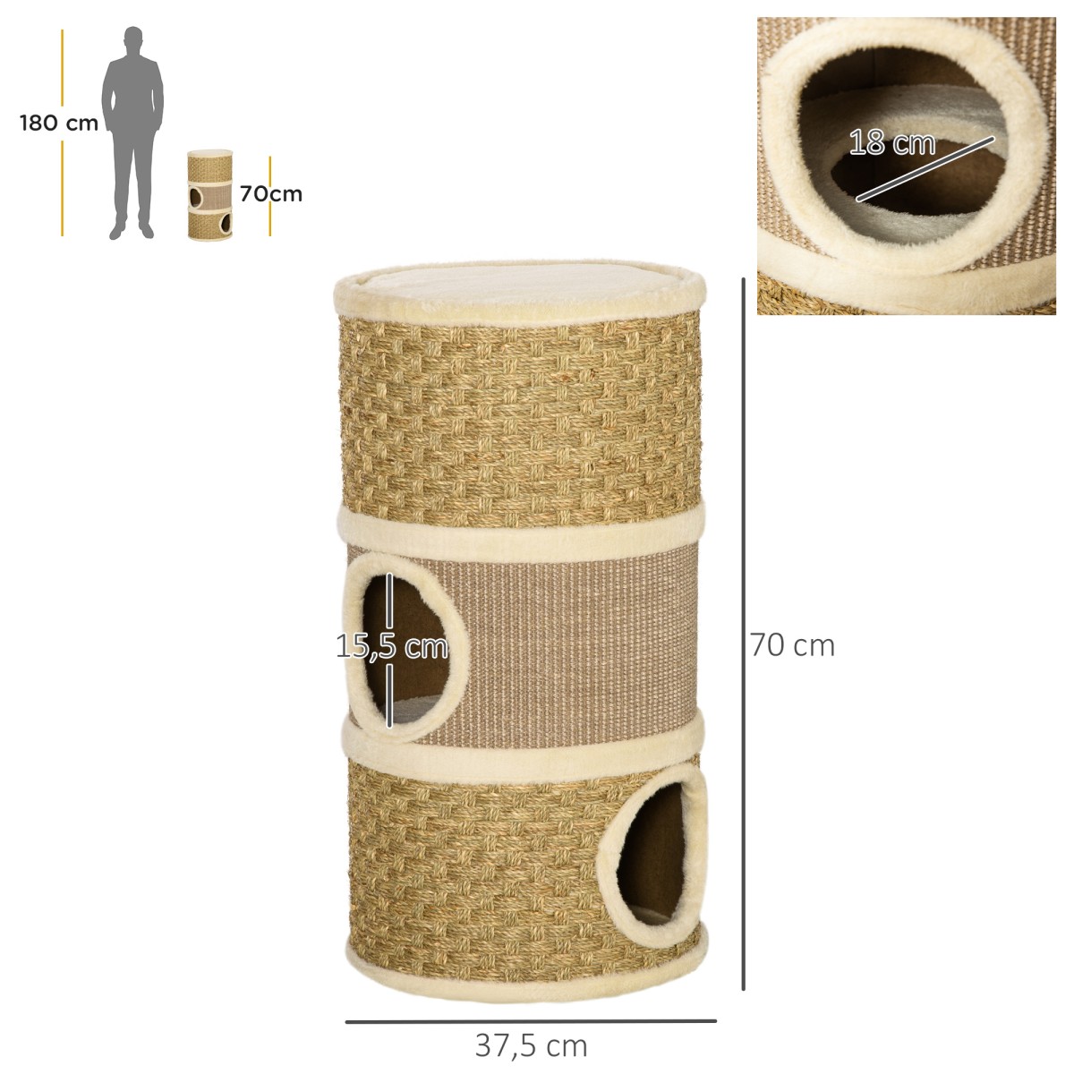 Βαρέλι γρατσουνίσματος, ύψος 70 cm, στύλος ξύσιμο γάτας για γάτες, 3 επιπέδων, δέντρο γάτας, δέντρο αναρρίχησης, έπιπλα γάτας με βελούδινο σιζάλ