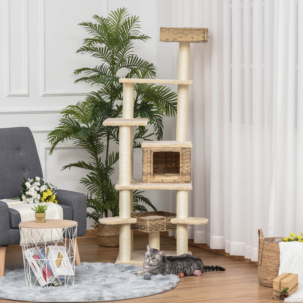 Rattan Scratching Post with Cat Cave Πολυεπίπεδο Cat Tree Climbing Tree for Cats E1 MDF Sisal Beige+Brow 55 x 55 x 174 cm