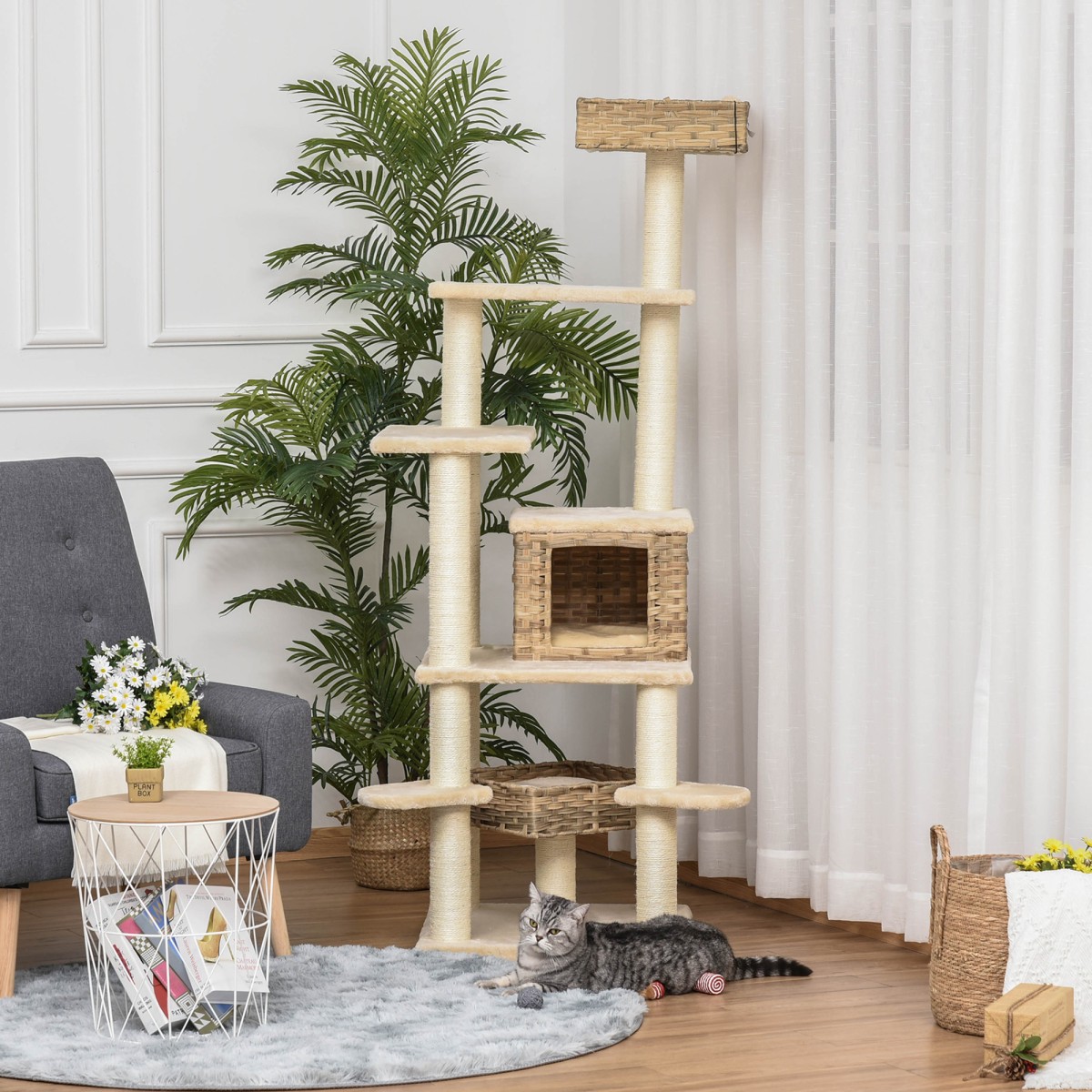 Rattan Scratching Post with Cat Cave Πολυεπίπεδο Cat Tree Climbing Tree for Cats E1 MDF Sisal Beige+Brow 55 x 55 x 174 cm