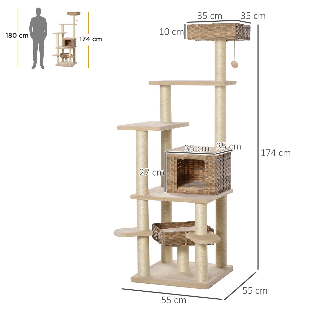 Rattan Scratching Post with Cat Cave Πολυεπίπεδο Cat Tree Climbing Tree for Cats E1 MDF Sisal Beige+Brow 55 x 55 x 174 cm