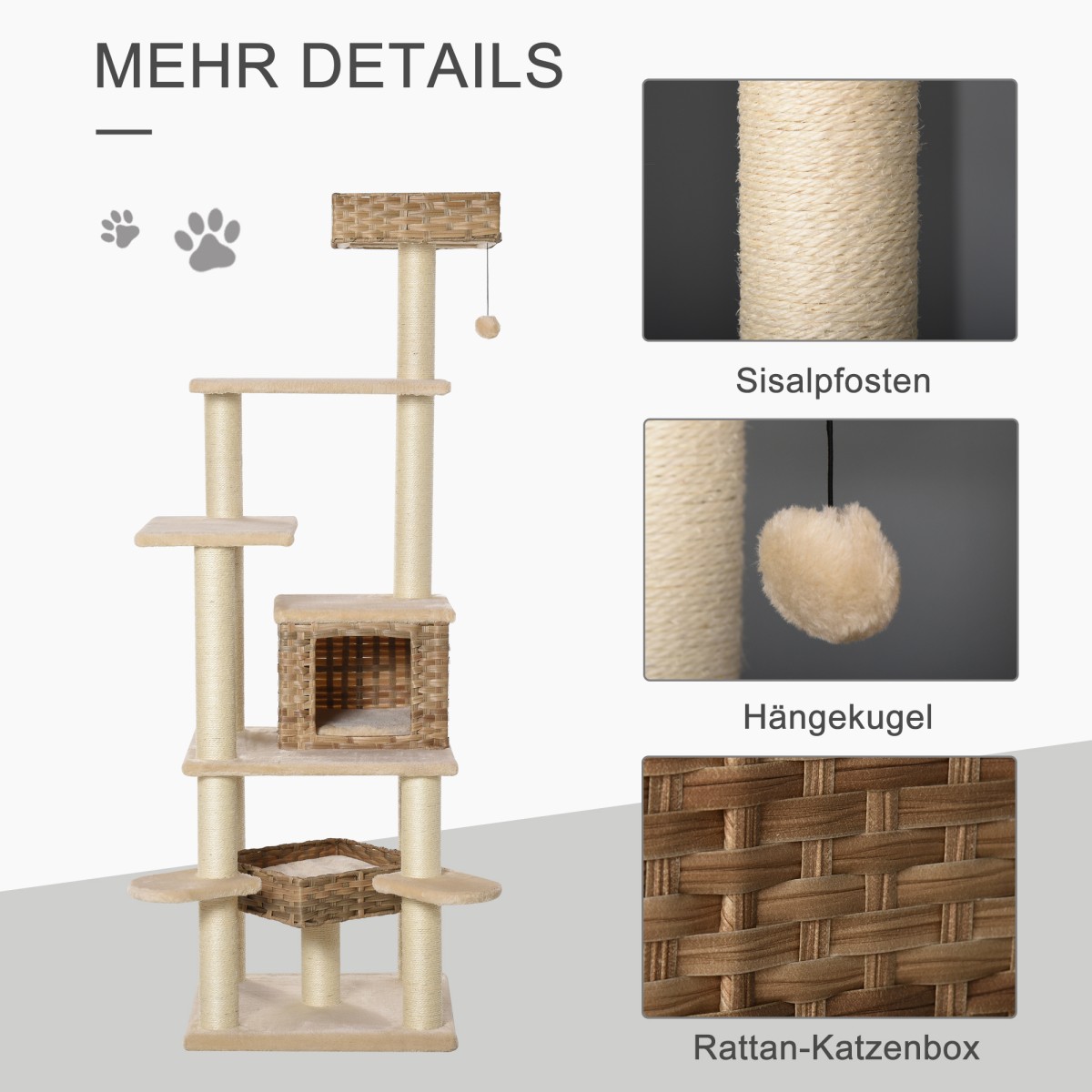 Rattan Scratching Post with Cat Cave Πολυεπίπεδο Cat Tree Climbing Tree for Cats E1 MDF Sisal Beige+Brow 55 x 55 x 174 cm