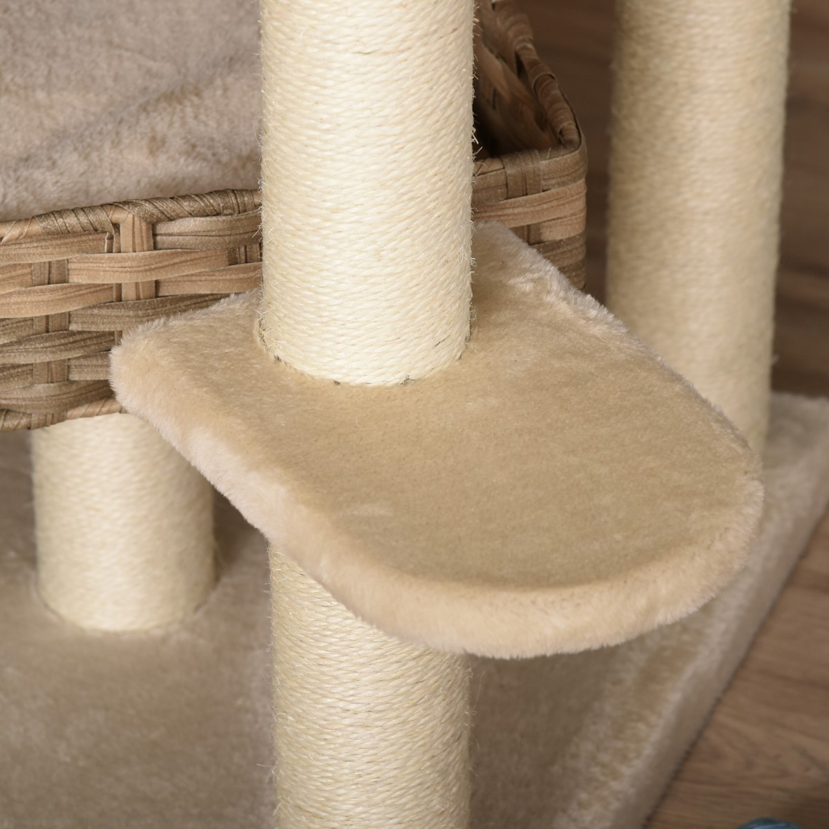 Rattan Scratching Post with Cat Cave Πολυεπίπεδο Cat Tree Climbing Tree for Cats E1 MDF Sisal Beige+Brow 55 x 55 x 174 cm