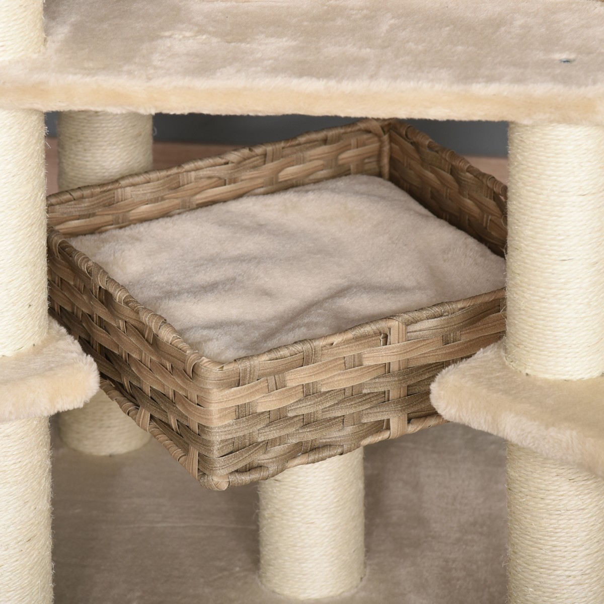 Rattan Scratching Post with Cat Cave Πολυεπίπεδο Cat Tree Climbing Tree for Cats E1 MDF Sisal Beige+Brow 55 x 55 x 174 cm