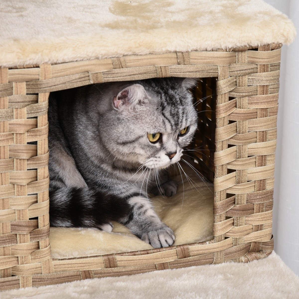 Rattan Scratching Post with Cat Cave Πολυεπίπεδο Cat Tree Climbing Tree for Cats E1 MDF Sisal Beige+Brow 55 x 55 x 174 cm