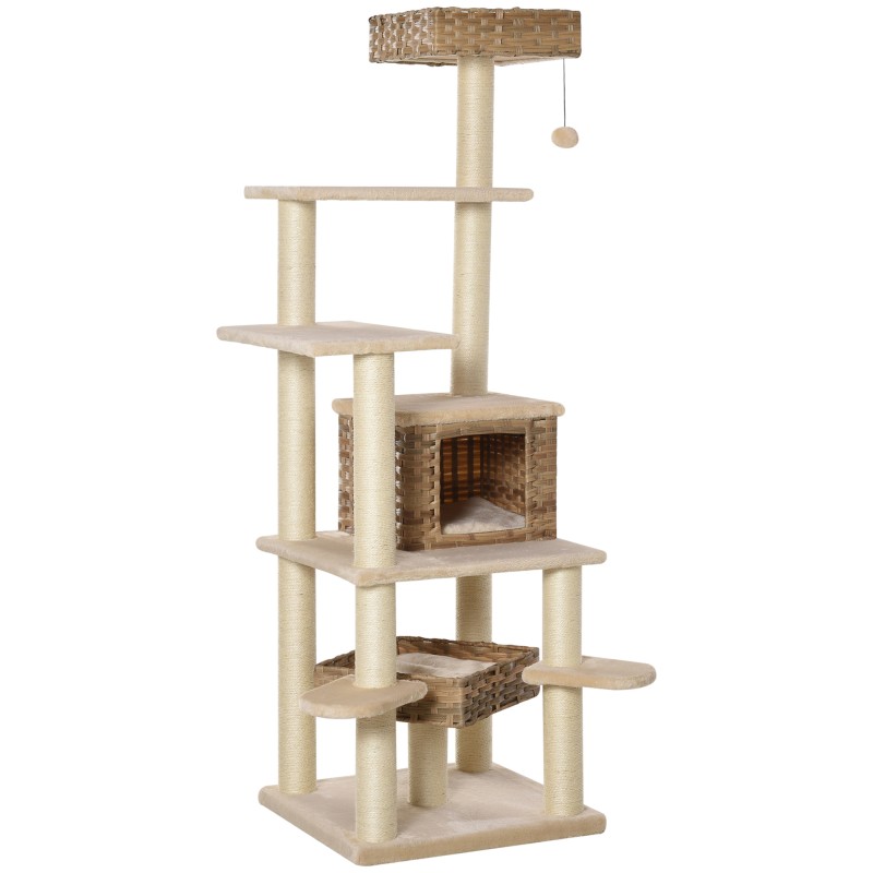 Rattan Scratching Post with Cat Cave Πολυεπίπεδο Cat Tree Climbing Tree for Cats E1 MDF Sisal Beige+Brow 55 x 55 x 174 cm