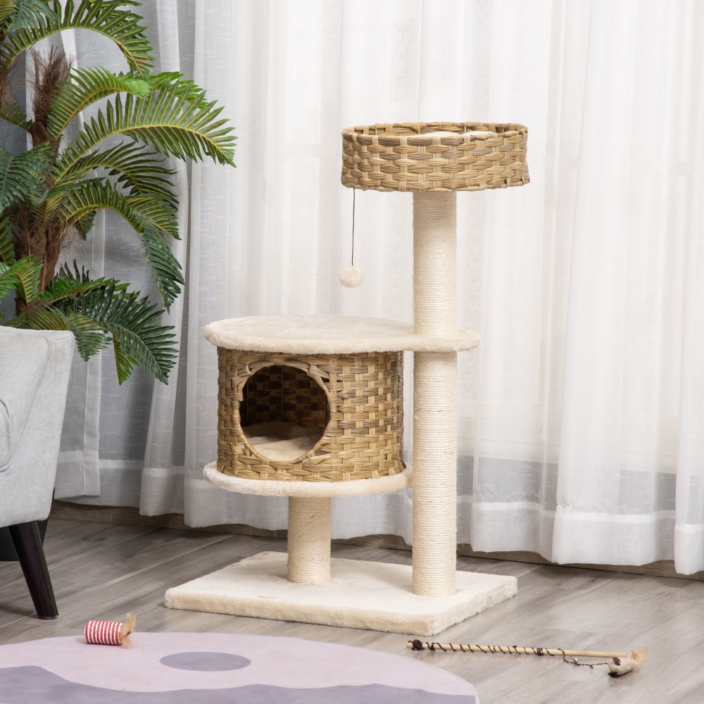 Rattan Scratching Post 95 cm Ύψος 3-επιπέδων Γάτα Δέντρο με Πλατφόρμα, Γάτα Κρεβάτι, Δέντρο Αναρρίχησης με Γάτα Σπήλαιο Σιζάλ Στύλοι Παίξτε Μπάλες Έπιπλα Γάτας Σιζάλ Φυσικό + Μπεζ