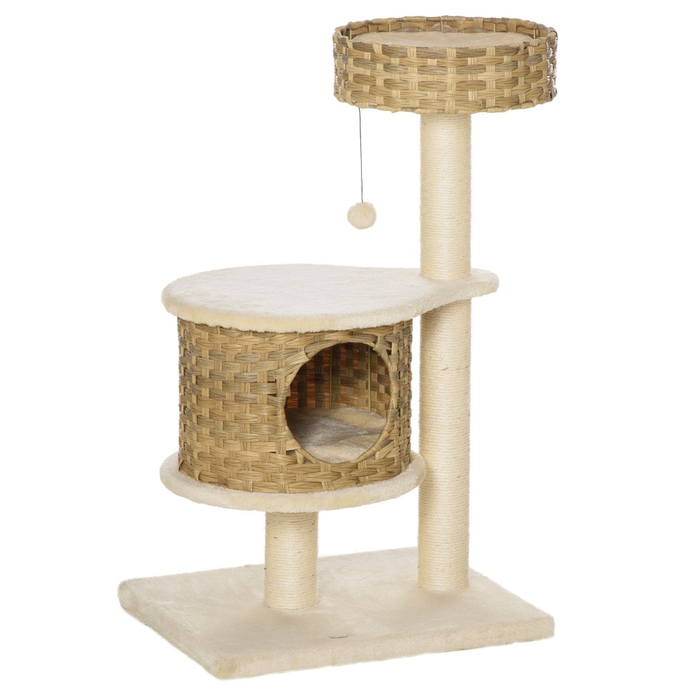 Rattan Scratching Post 95 cm Ύψος 3-επιπέδων Γάτα Δέντρο με Πλατφόρμα, Γάτα Κρεβάτι, Δέντρο Αναρρίχησης με Γάτα Σπήλαιο Σιζάλ Στύλοι Παίξτε Μπάλες Έπιπλα Γάτας Σιζάλ Φυσικό + Μπεζ