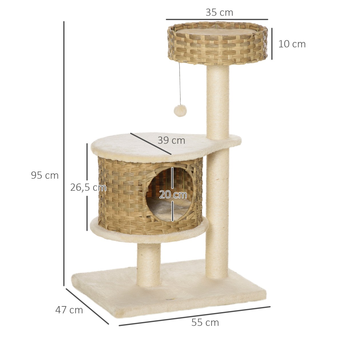 Rattan Scratching Post 95 cm Ύψος 3-επιπέδων Γάτα Δέντρο με Πλατφόρμα, Γάτα Κρεβάτι, Δέντρο Αναρρίχησης με Γάτα Σπήλαιο Σιζάλ Στύλοι Παίξτε Μπάλες Έπιπλα Γάτας Σιζάλ Φυσικό + Μπεζ