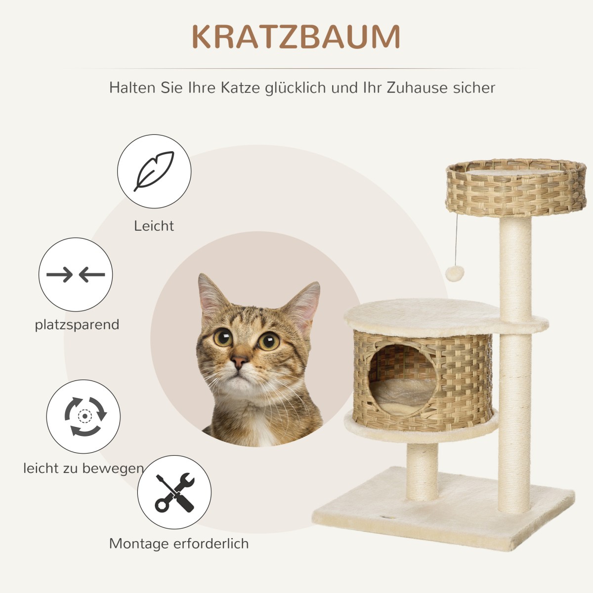 Rattan Scratching Post 95 cm Ύψος 3-επιπέδων Γάτα Δέντρο με Πλατφόρμα, Γάτα Κρεβάτι, Δέντρο Αναρρίχησης με Γάτα Σπήλαιο Σιζάλ Στύλοι Παίξτε Μπάλες Έπιπλα Γάτας Σιζάλ Φυσικό + Μπεζ
